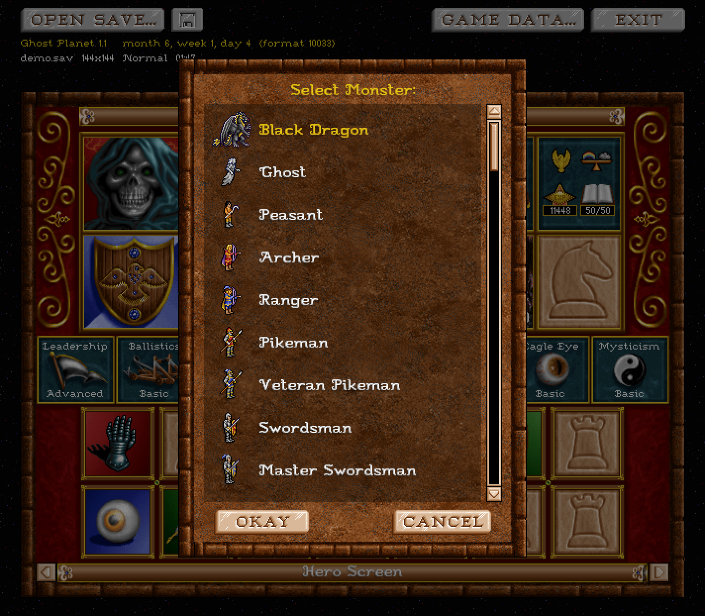 Creature window with animation and stats
