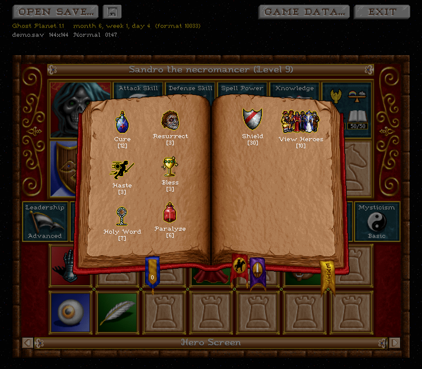 The spell book dialog with all 65 spells